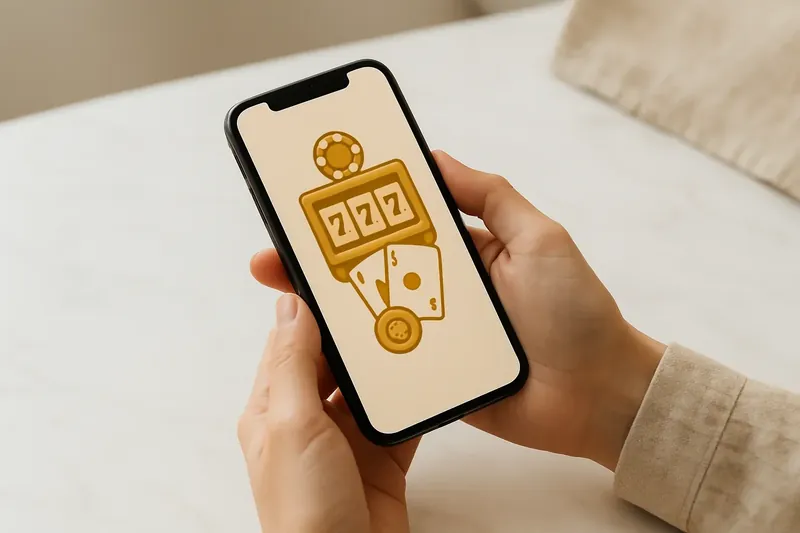 Close-up of hands holding smartphone with casino app on marble surface