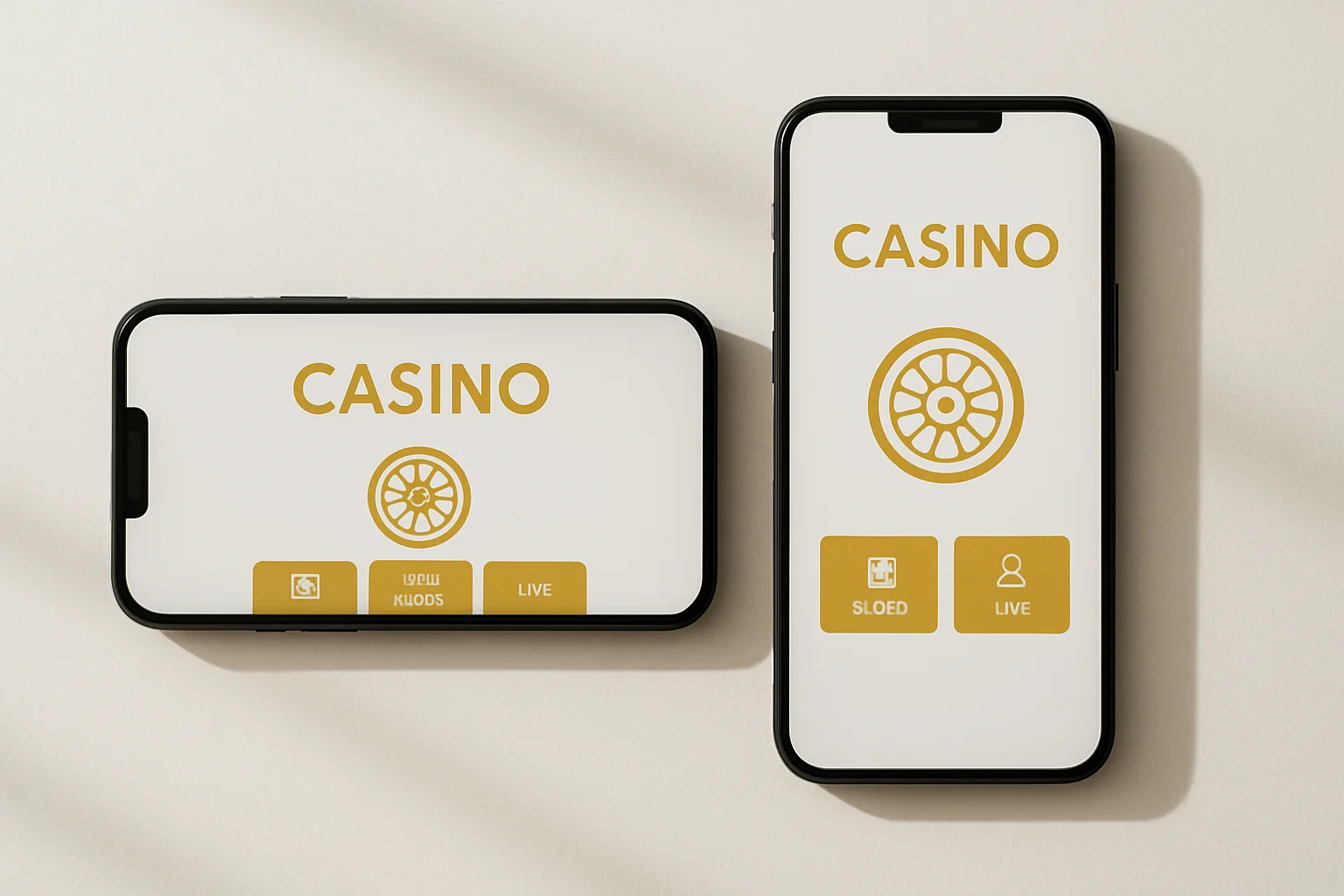 Casino App Phones Two smartphones displaying a clean light casino app on white surface