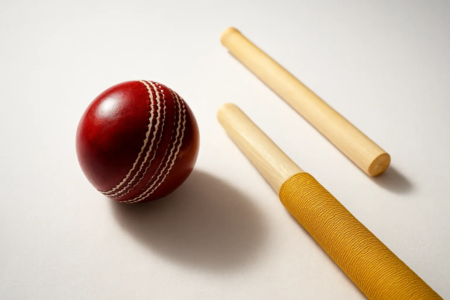 Overhead flat lay of cricket ball, bat handle and stump