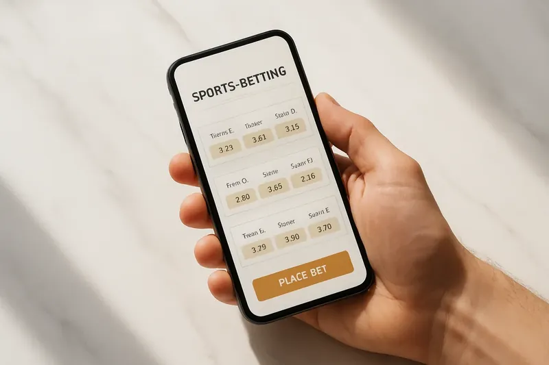 Hand holding smartphone showing sports betting odds on marble surface