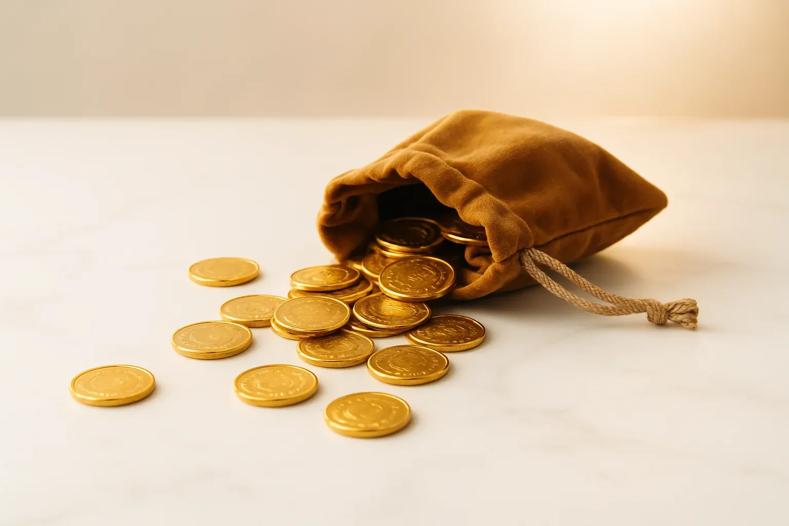 Spilled Gold Coins Golden coins cascading from velvet pouch on white marble surface