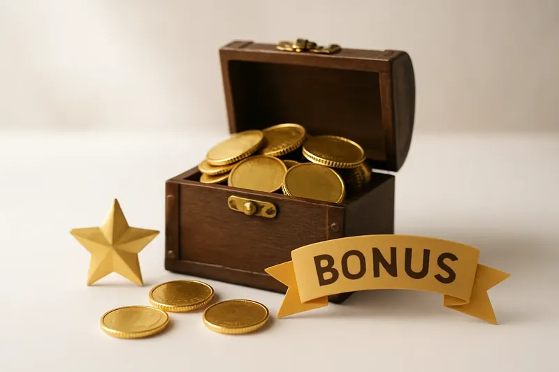 Open treasure box spilling gold coins with badge and bonus ribbon