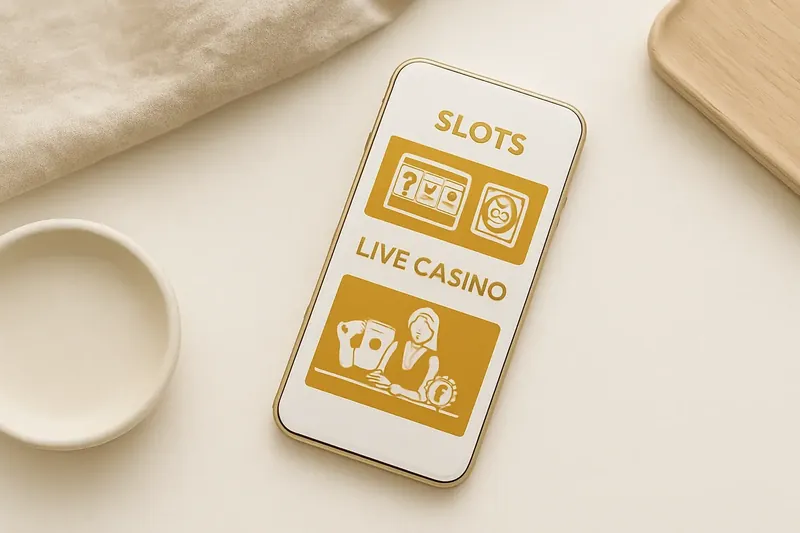 Mobile phone showing casino app with slots and live casino games
