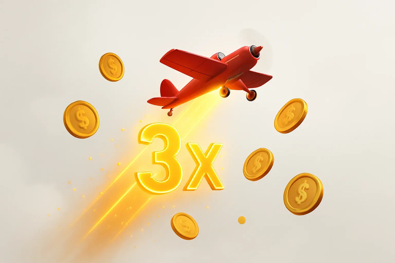 Aviator Crash Scene Red airplane climbing with glowing multiplier trail, coins, and sparks
