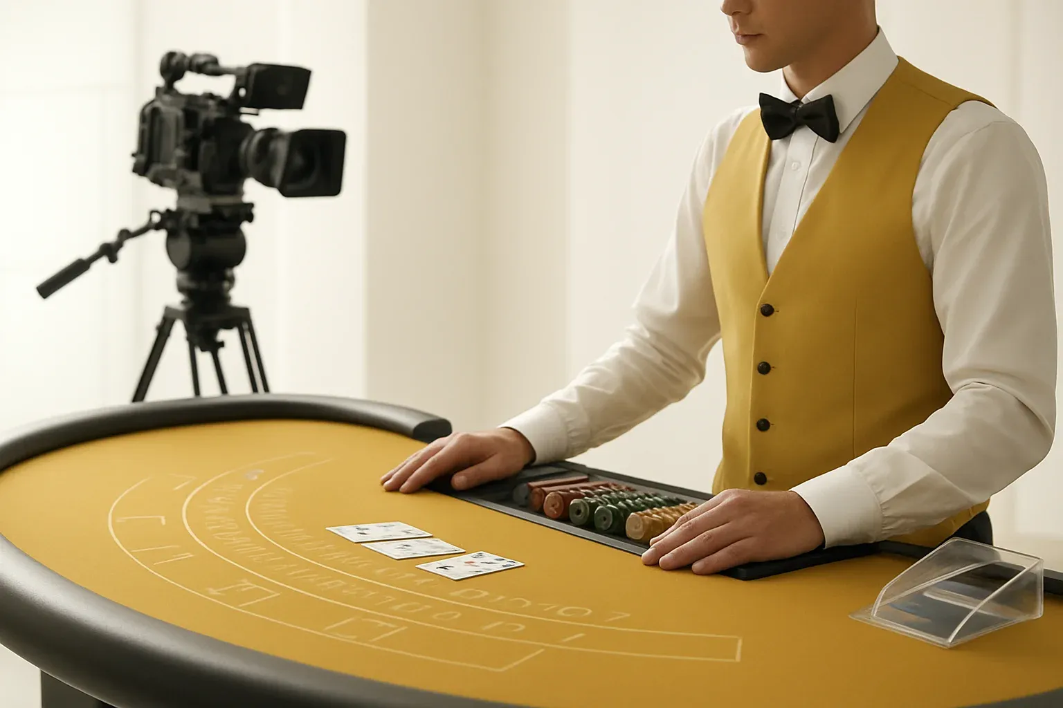Live Casino Studio Professional dealer at blackjack table with camera rig in studio