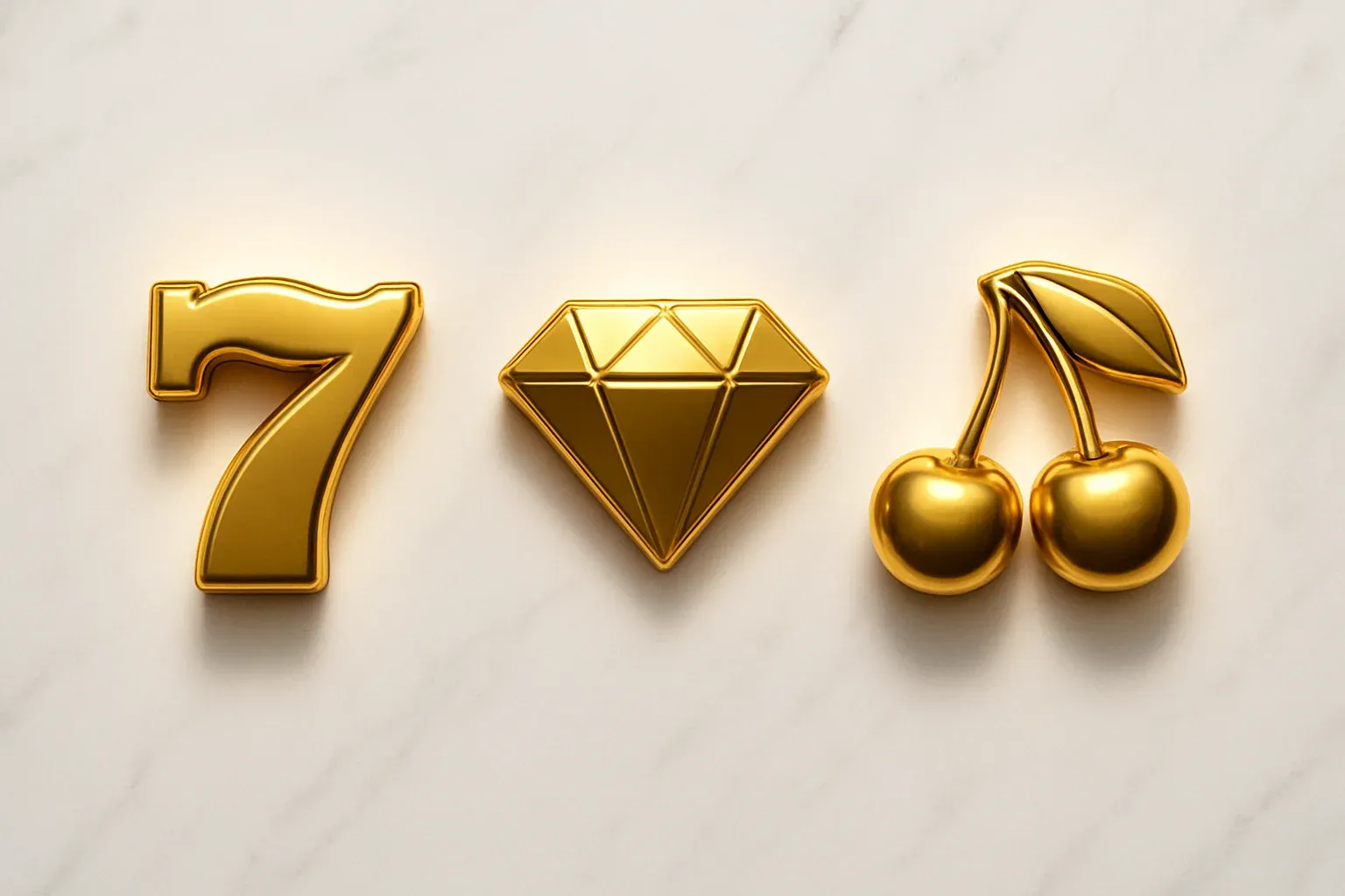 Slot Symbols Flat Lay Three polished slot symbols on white marble under warm spotlights